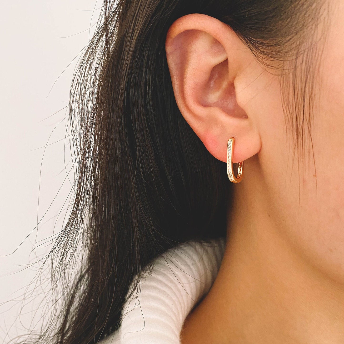 4pcs CZ Pave Gold Oval Hoop Earrings, Gold plated Brass, Dainty Geometric Earring Hoops (GB-3594)