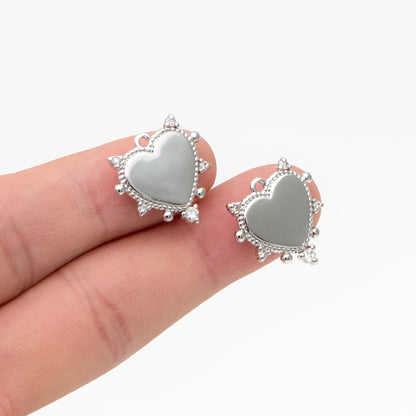 10pcs CZ pave Gold/ Silver Heart Pendants 17mm, 18K Gold/ Rhodium plated Brass, Rhinestone Heart Charms (GB-1905)