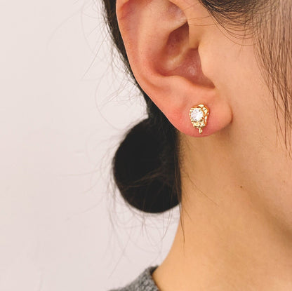 10pcs Gold Irregularity Stud Earrings, CZ Pave Ear Posts 10x7mm, Gold plated Brass Earring Findings (GB-3154)