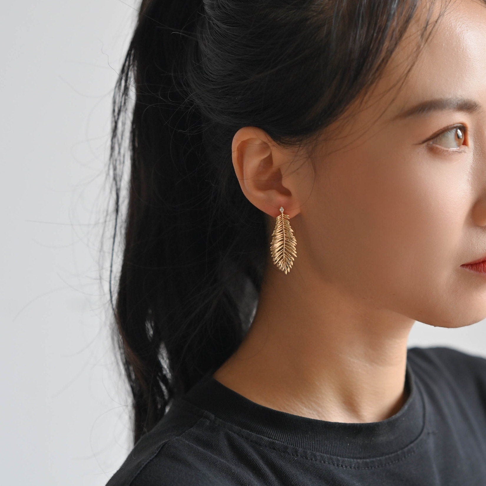 4pcs CZ pave Gold Leaf Ear Posts, Dainty Feather Earrings, Jewelry Making, Diy Material, Jewelry Supplies (GB-3172)