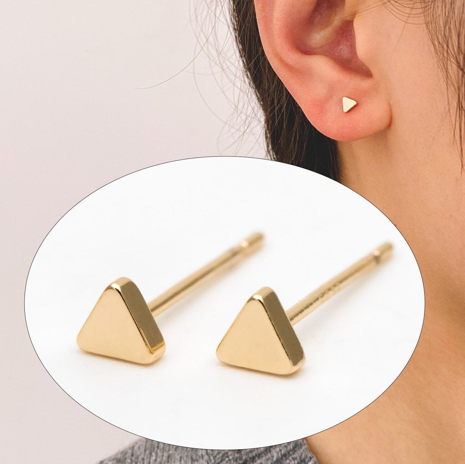10pcs Gold/ Silver Triangle Minimalist Earrings, 4mm, Real Gold/ Rhodium Plated Brass Geometric Earring Studs (GB-3332)