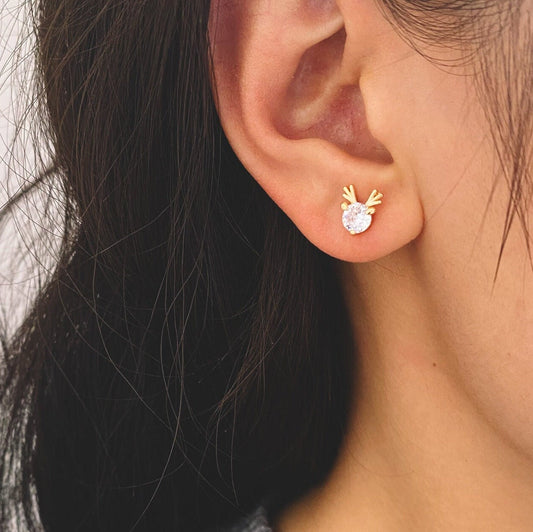 10pcs CZ Pave Gold Buck Horn Ear Posts, 18K Gold Plated Brass, Christmas earring,Deer Horn Antlers Earring (GB-139-G)