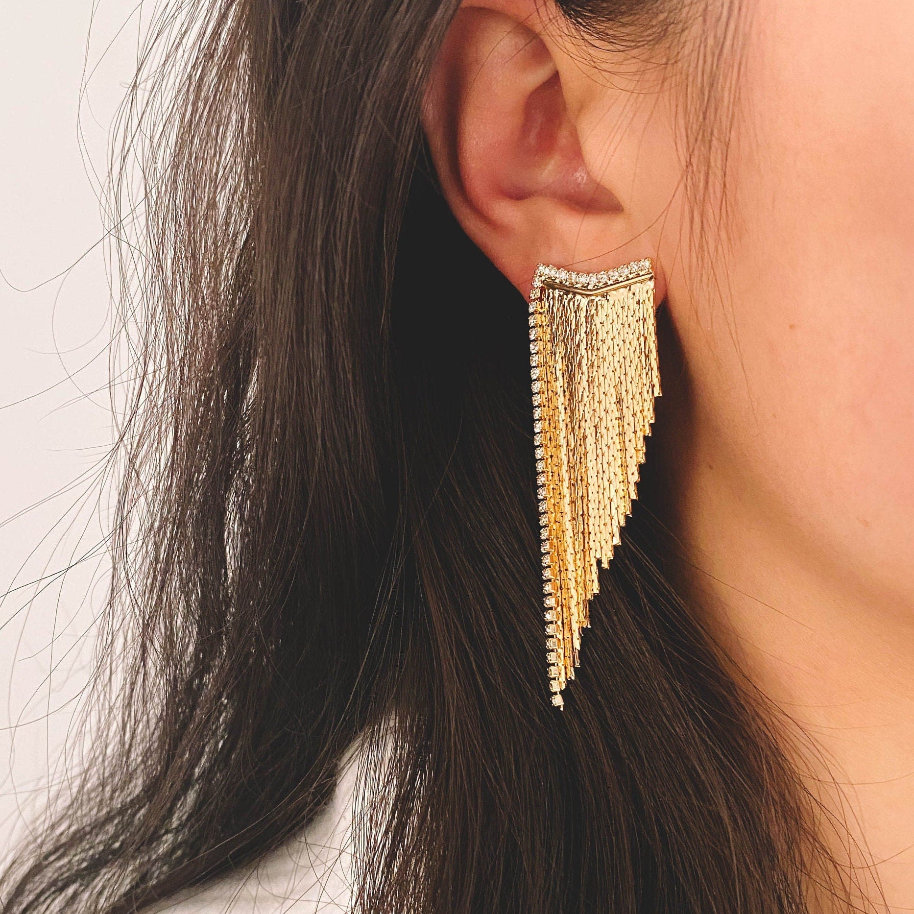 4pcs CZ Pave Chain Tassel Earrings, Long Tassel Stud Earring, Gold Dangling Earrings, Minimalist Earrings (GB-3470)