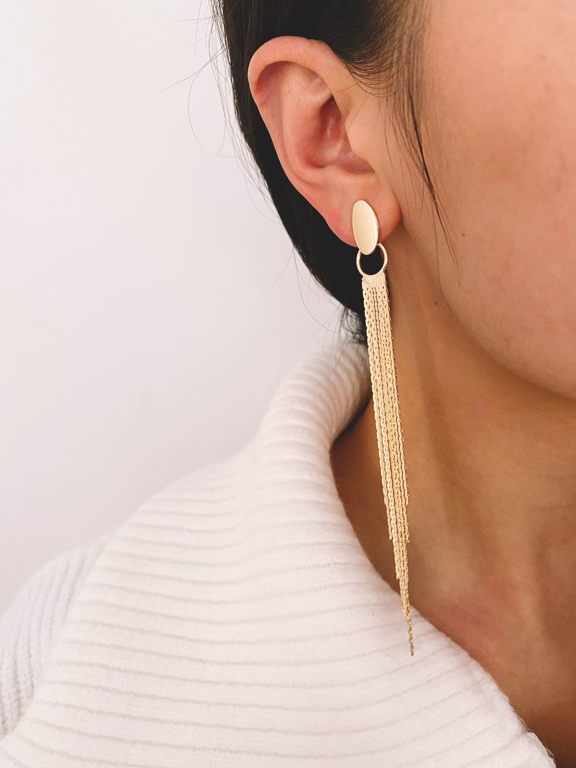 4pcs Gold Oval Disc Tassel Earring, 120mm, 18K Gold plated Brass Dangling Stud Earring (GB-3485)