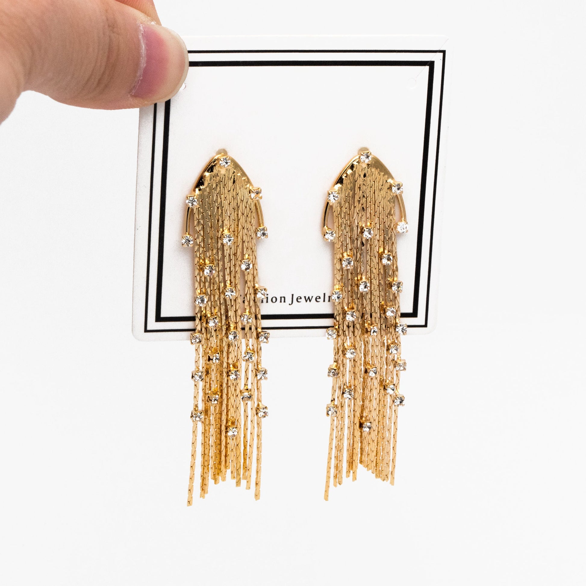 4pcs CZ Pave Chain Tassel Earrings, Long Tassel Stud Earring, Gold Dangling Earrings, Minimalist Earrings (GB-3672)