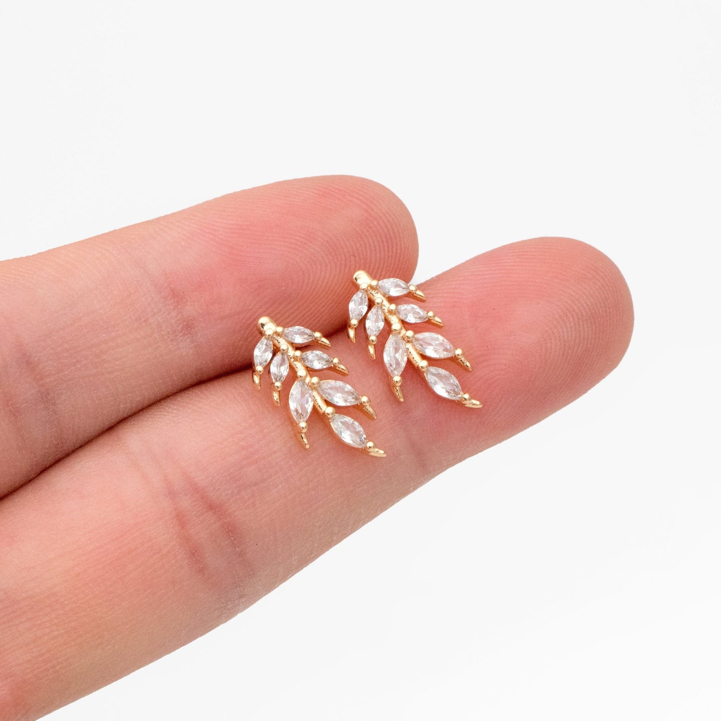 4pcs CZ Pave Gold Leaf Earring Posts, Gold Plated Brass, Dainty Leaf Stud Earrings (GB-3698)