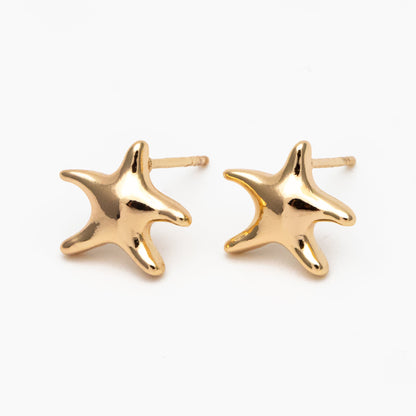 10pcs Gold Starfish Ear Post, Real Gold Plated Brass Star Stud Earrings (#GB-3718)