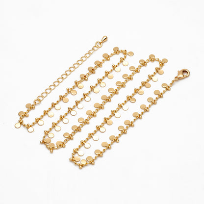 Gold/ Silver Disc Chain Bracelet/ Anklet/ Necklace, Gold/ Rhodium plated Brass, 16-18 inch with Extender Adjustable, Ready to Wear (#LK-431)