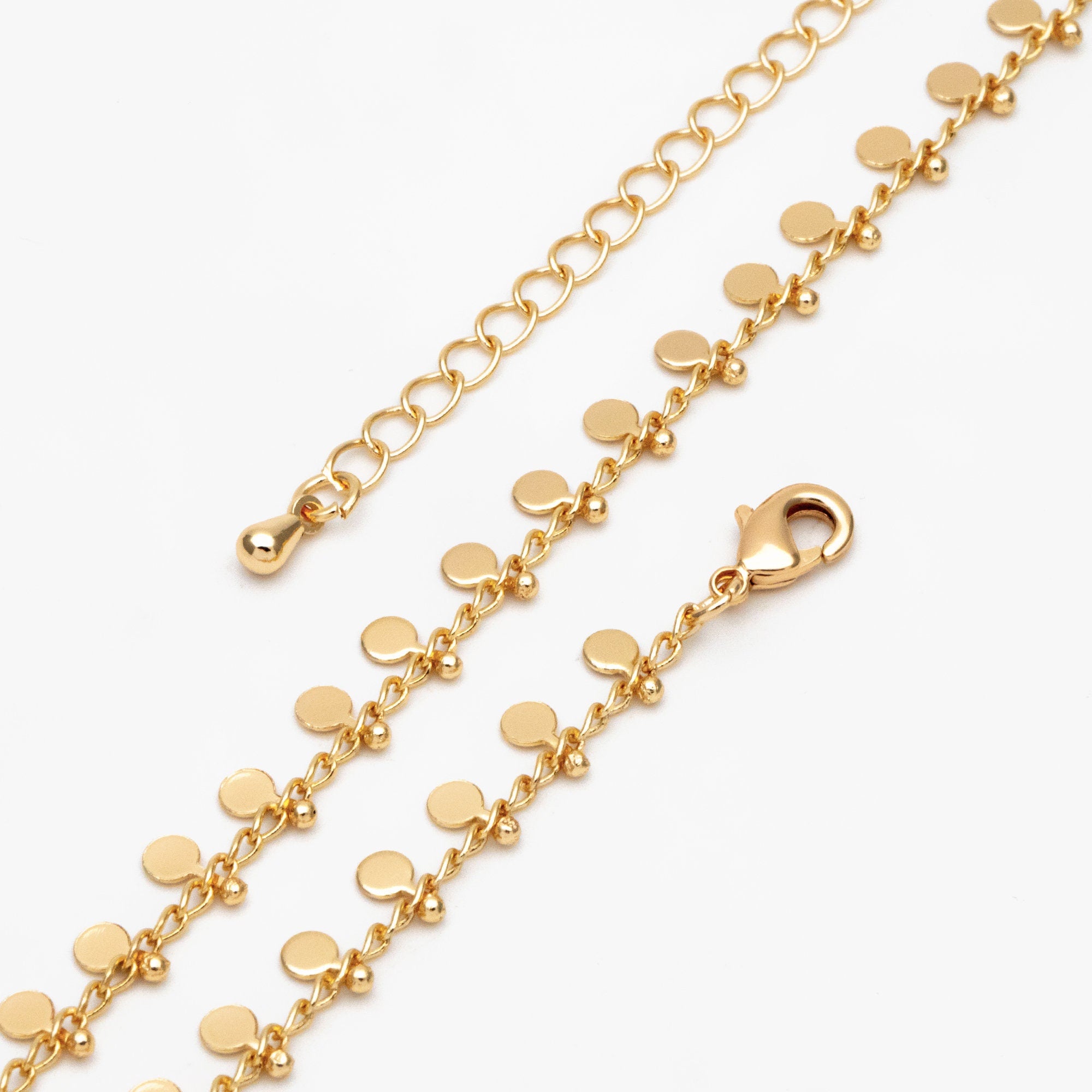 Gold/ Silver Disc Chain Bracelet/ Anklet/ Necklace, Gold/ Rhodium plated Brass, 16-18 inch with Extender Adjustable, Ready to Wear (#LK-431)