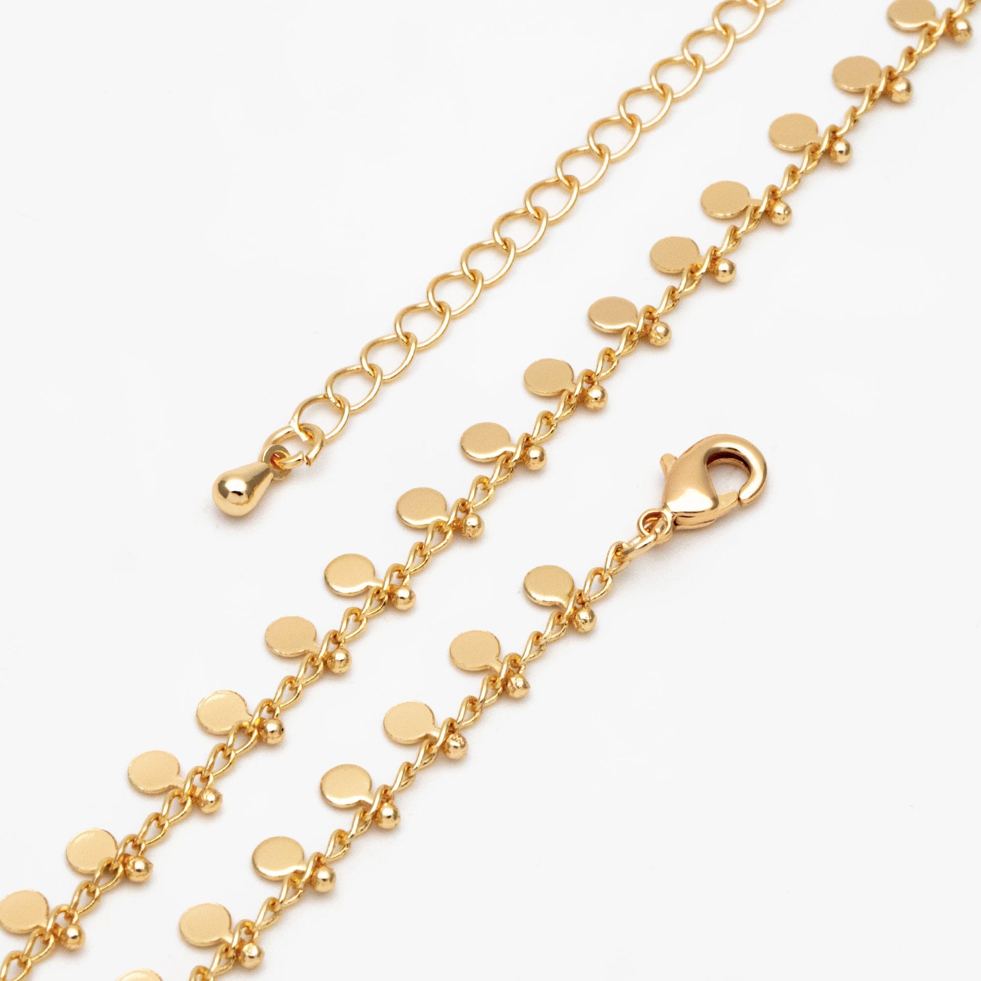 Gold/ Silver Disc Chain Bracelet/ Anklet/ Necklace, Gold/ Rhodium plated Brass, 16-18 inch with Extender Adjustable, Ready to Wear (#LK-431)