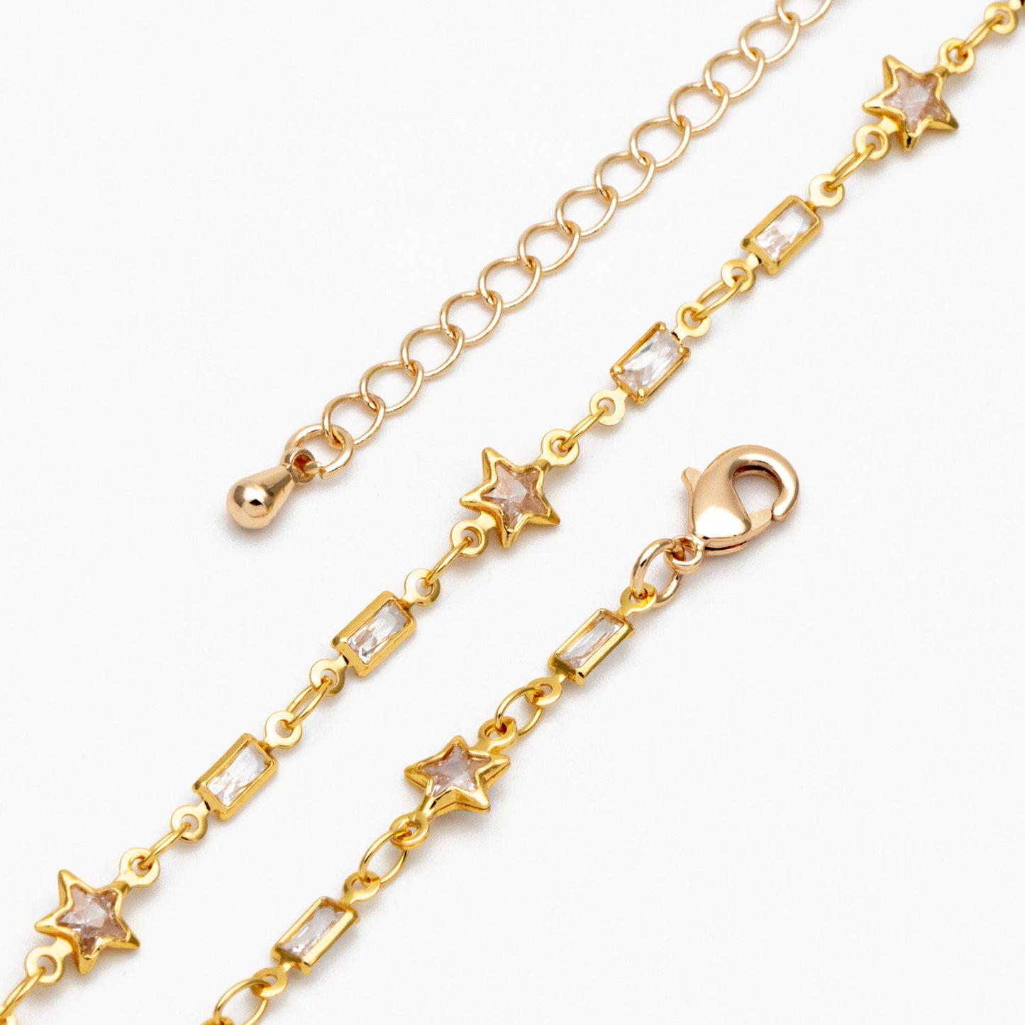 Gold CZ pave Rectangle and Star Bezel Connector Chain, Finished Bracelet/ Anklet/ Necklace with Extender, Ready to Wear (#LK-559)
