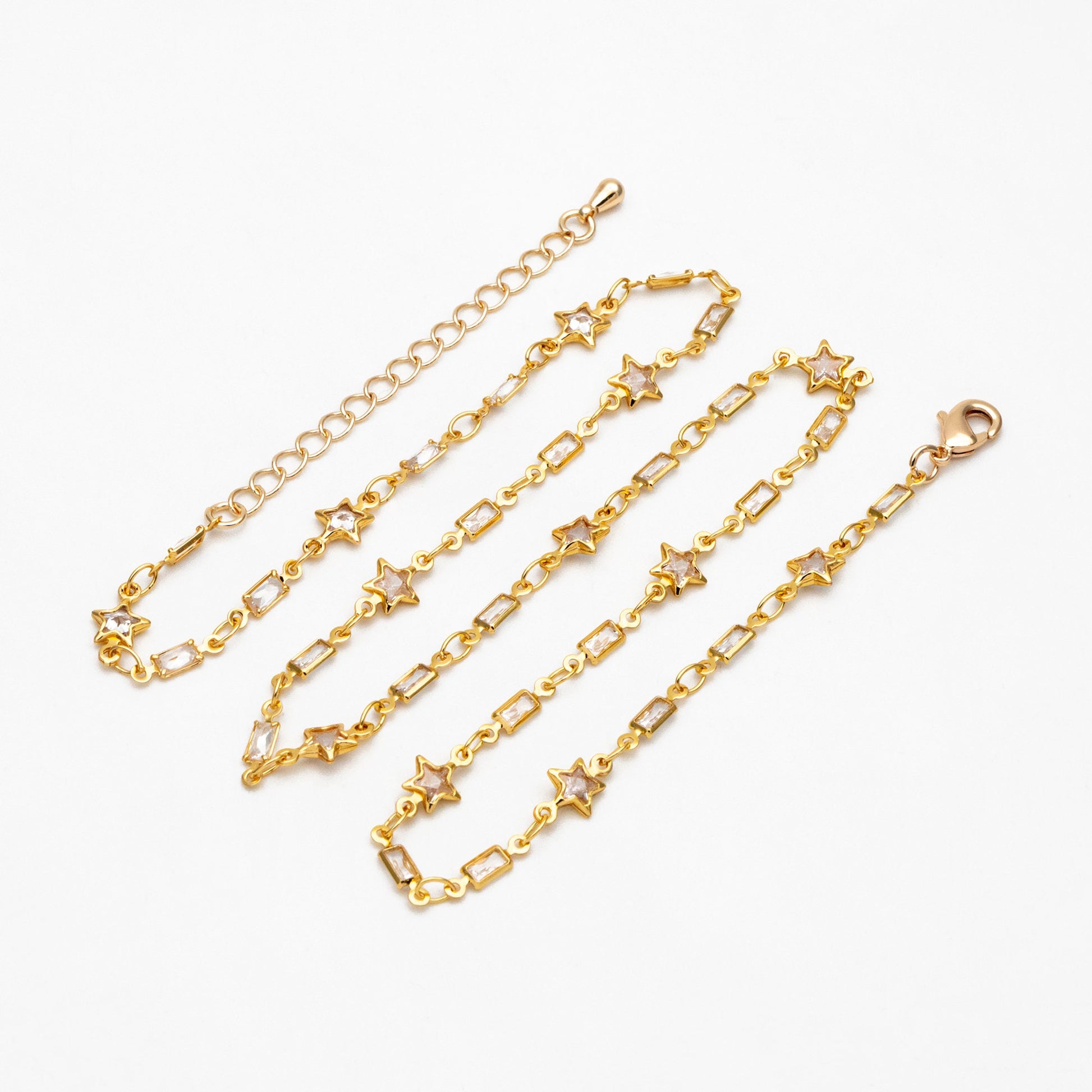 Gold CZ pave Rectangle and Star Bezel Connector Chain, Finished Bracelet/ Anklet/ Necklace with Extender, Ready to Wear (#LK-559)