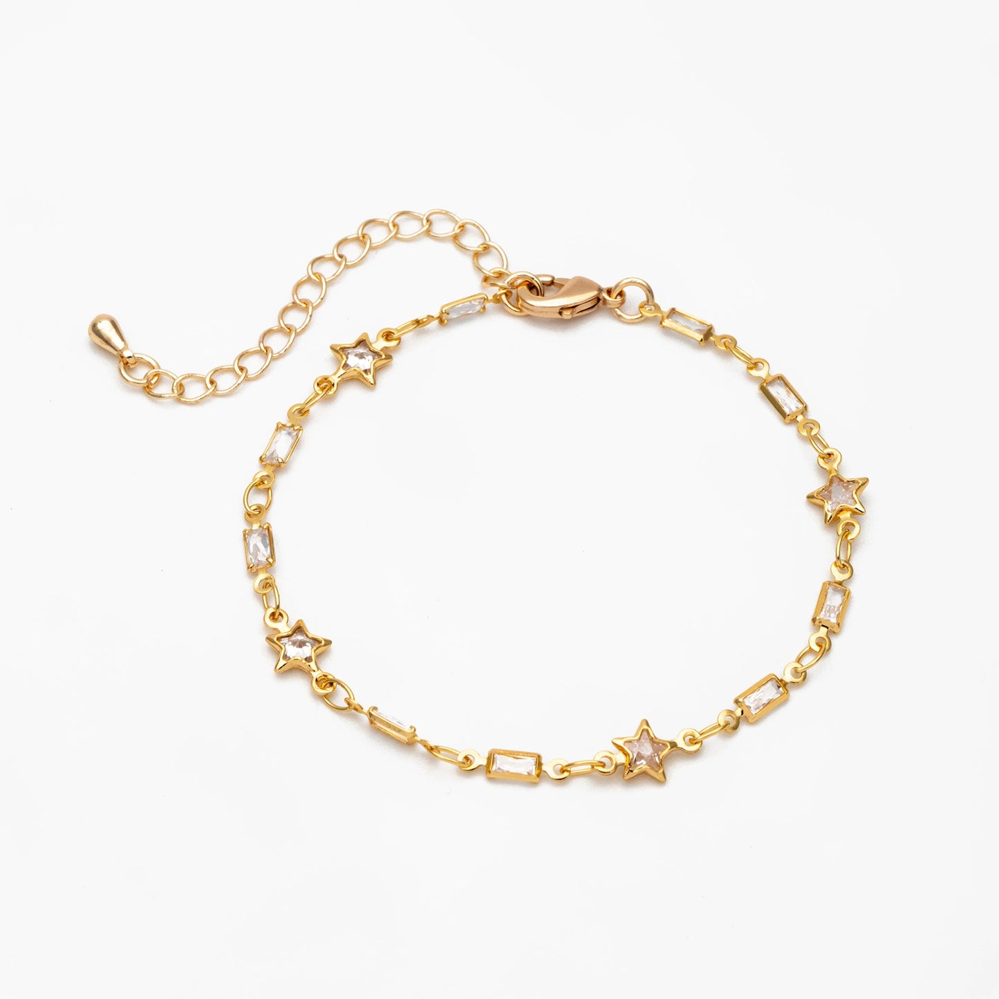 Gold CZ pave Rectangle and Star Bezel Connector Chain, Finished Bracelet/ Anklet/ Necklace with Extender, Ready to Wear (#LK-559)