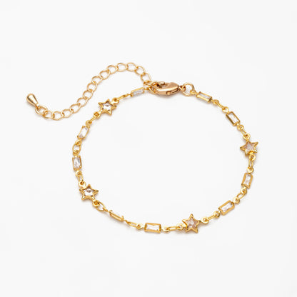 Gold CZ pave Rectangle and Star Bezel Connector Chain, Finished Bracelet/ Anklet/ Necklace with Extender, Ready to Wear (#LK-559)