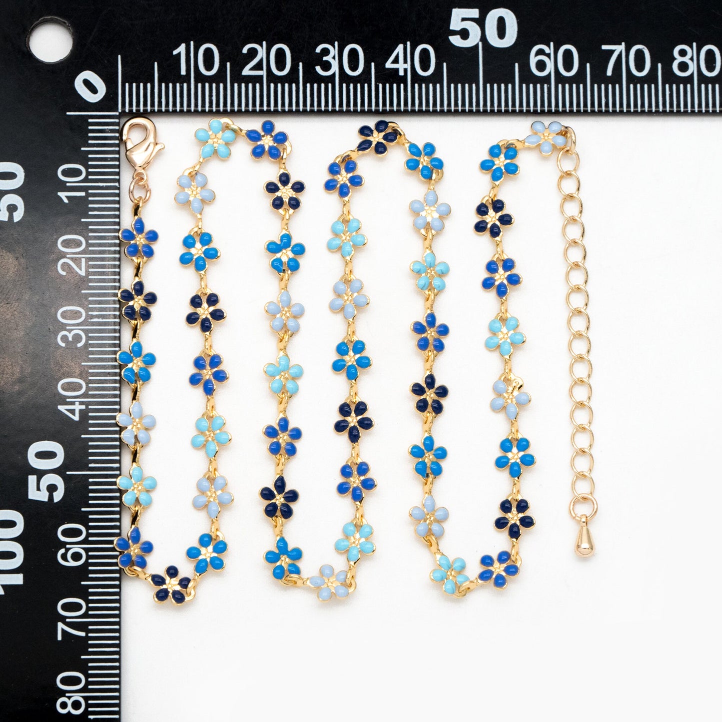 Gold plated Enamel Flower Chain, Finished Bracelet/ Anklet/ Necklace with Extender Chain, 16-18 inch Adjustable, Ready to Wear (#LK-581-1)