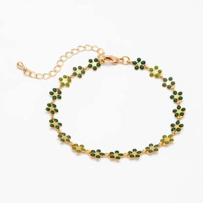 Green Enamel Flower Chain, 18K Gold plated, Adjustable Bracelet/ Anklet/ Necklace with Extender Chain, Ready to Wear (#LK-581-2)