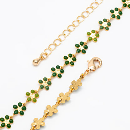 Green Enamel Flower Chain, 18K Gold plated, Adjustable Bracelet/ Anklet/ Necklace with Extender Chain, Ready to Wear (#LK-581-B)