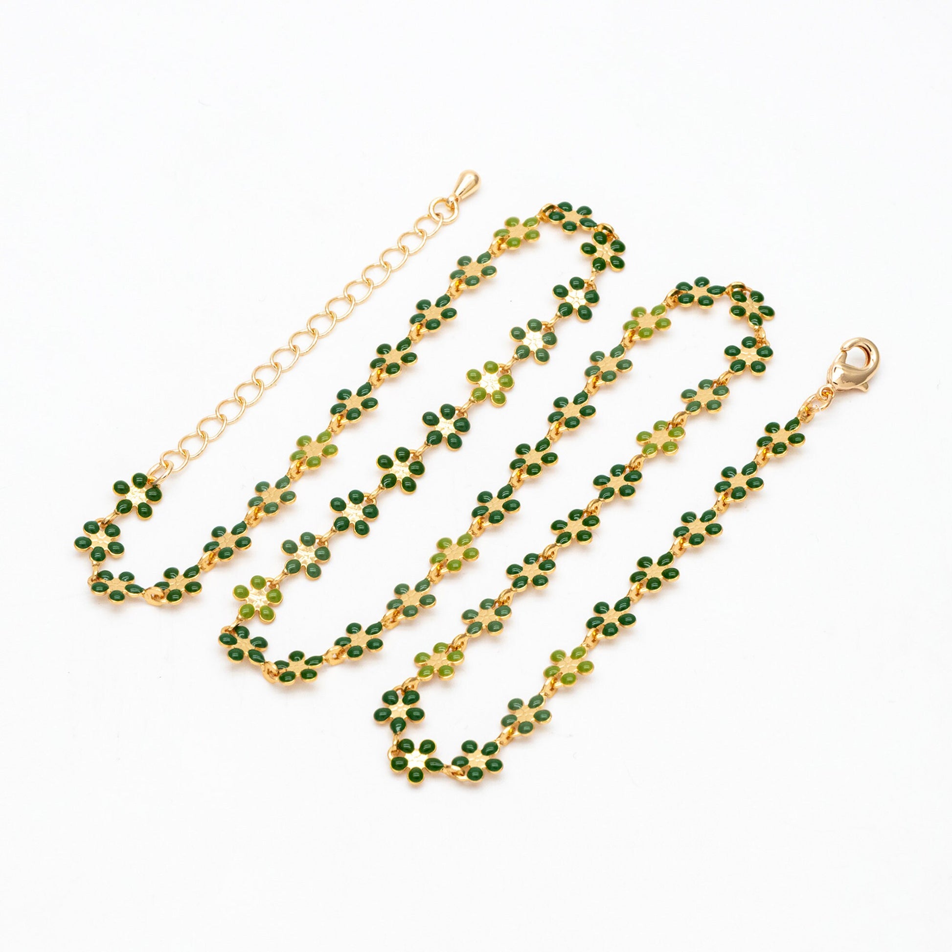 Green Enamel Flower Chain, 18K Gold plated, Adjustable Bracelet/ Anklet/ Necklace with Extender Chain, Ready to Wear (#LK-581-2)