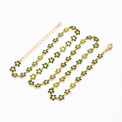 Green Enamel Flower Chain, 18K Gold plated, Adjustable Bracelet/ Anklet/ Necklace with Extender Chain, Ready to Wear (#LK-581-2)