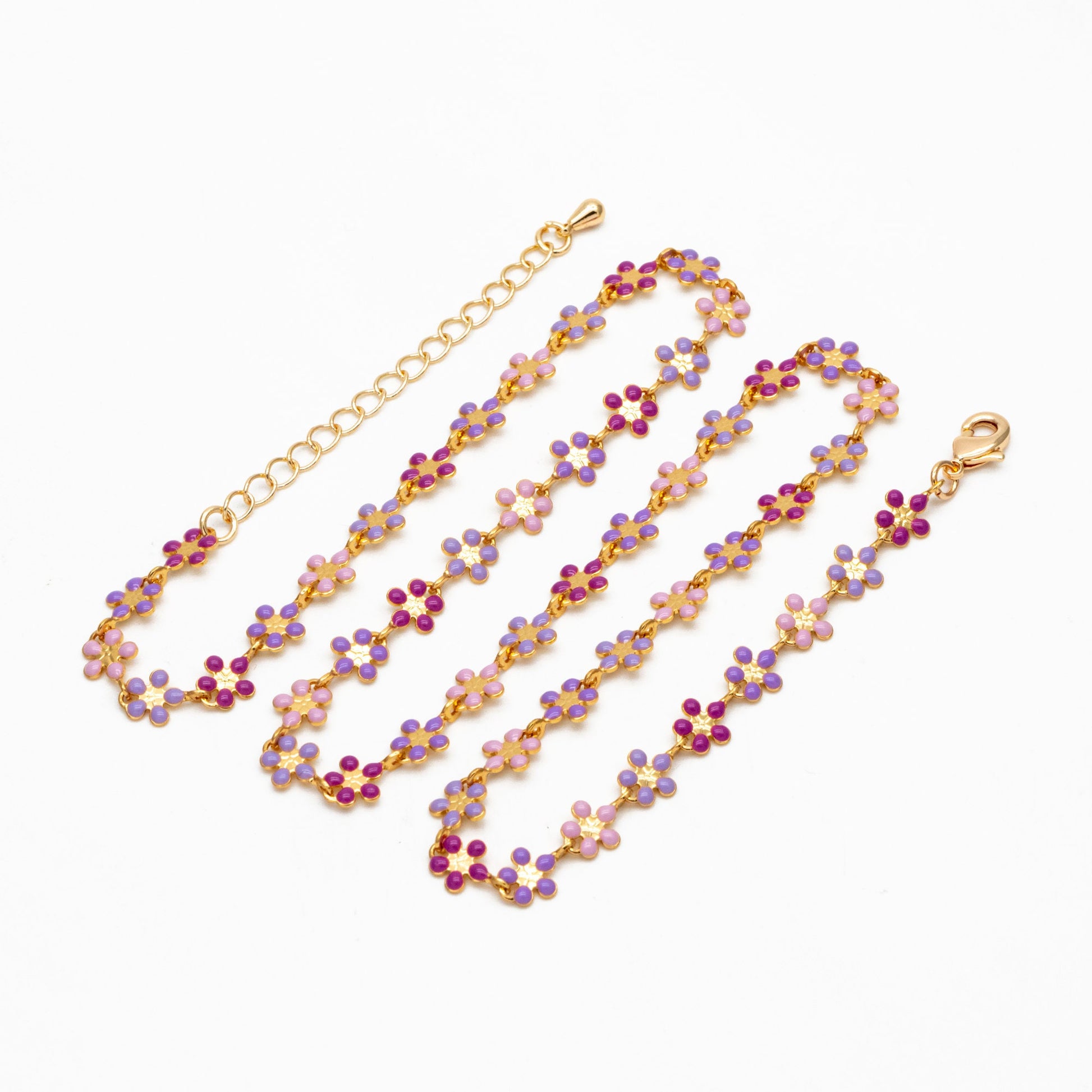 Gold plated Enamel Flower Chain, Finished Bracelet/ Anklet/ Necklace with Extender Chain, Ready to Wear (#LK-581-3)