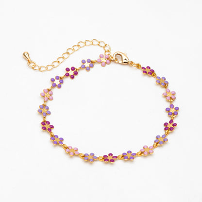 Gold plated Enamel Flower Chain, Finished Bracelet/ Anklet/ Necklace with Extender Chain, Ready to Wear (#LK-581-3)