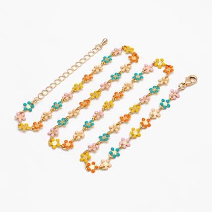 Enamel Flower Chain, Adjustable Bracelet/ Anklet/ Necklace with Extender Chain, Ready to Wear (#LK-581-6)