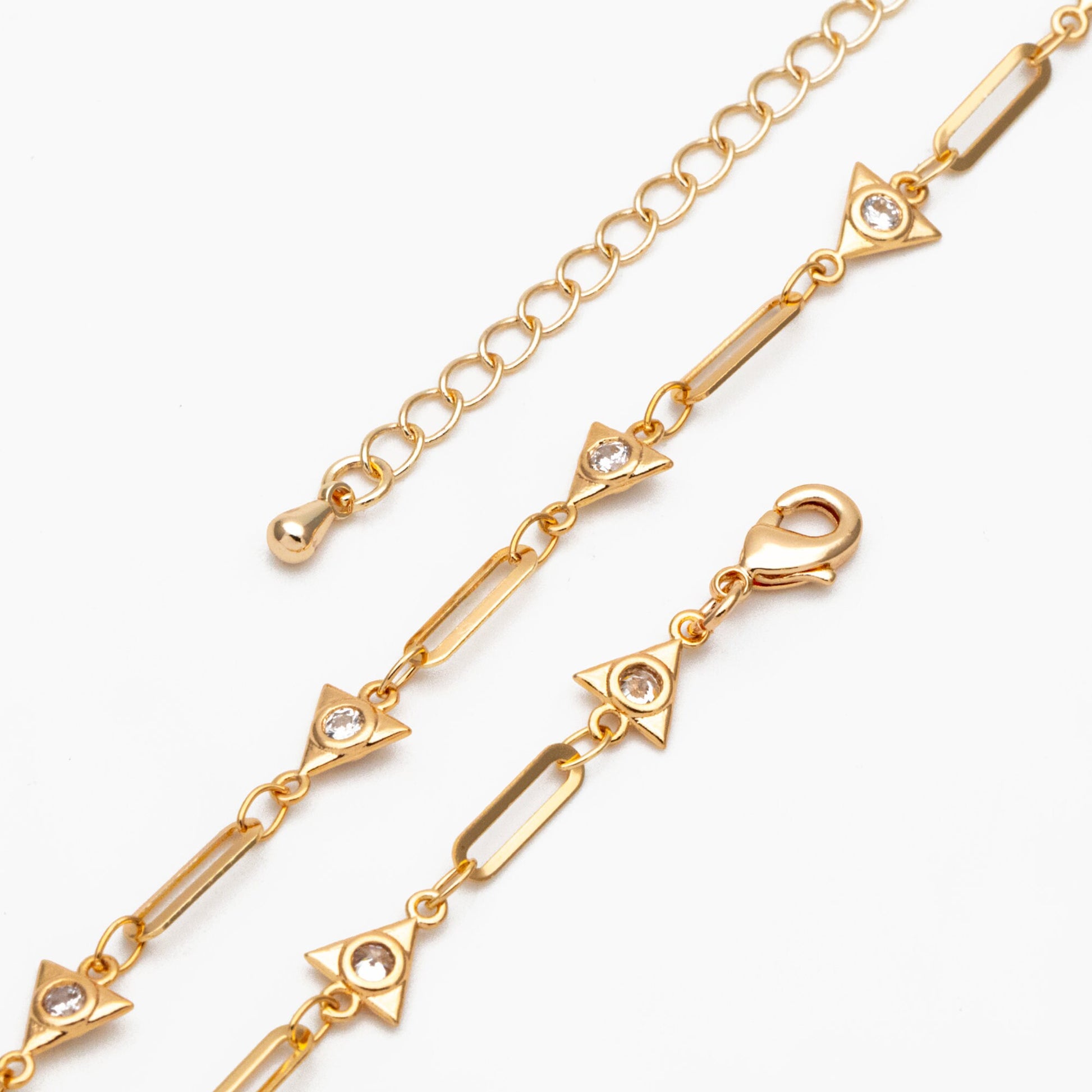 Gold CZ Pave Triangle Connector With Oval Hoop Chain, Adjustable Bracelet/ Anklet/ Necklace with Extender, Ready to Wear (#LK-589)