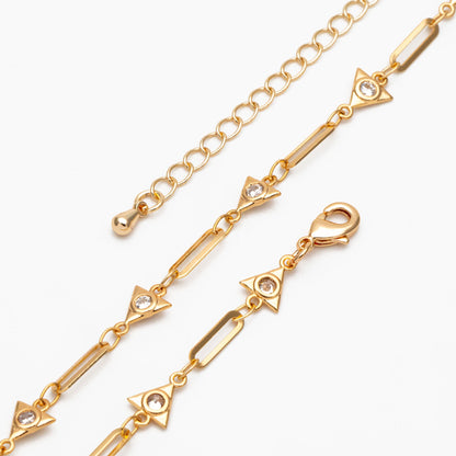 Gold CZ Pave Triangle Connector With Oval Hoop Chain, Adjustable Bracelet/ Anklet/ Necklace with Extender, Ready to Wear (#LK-589)