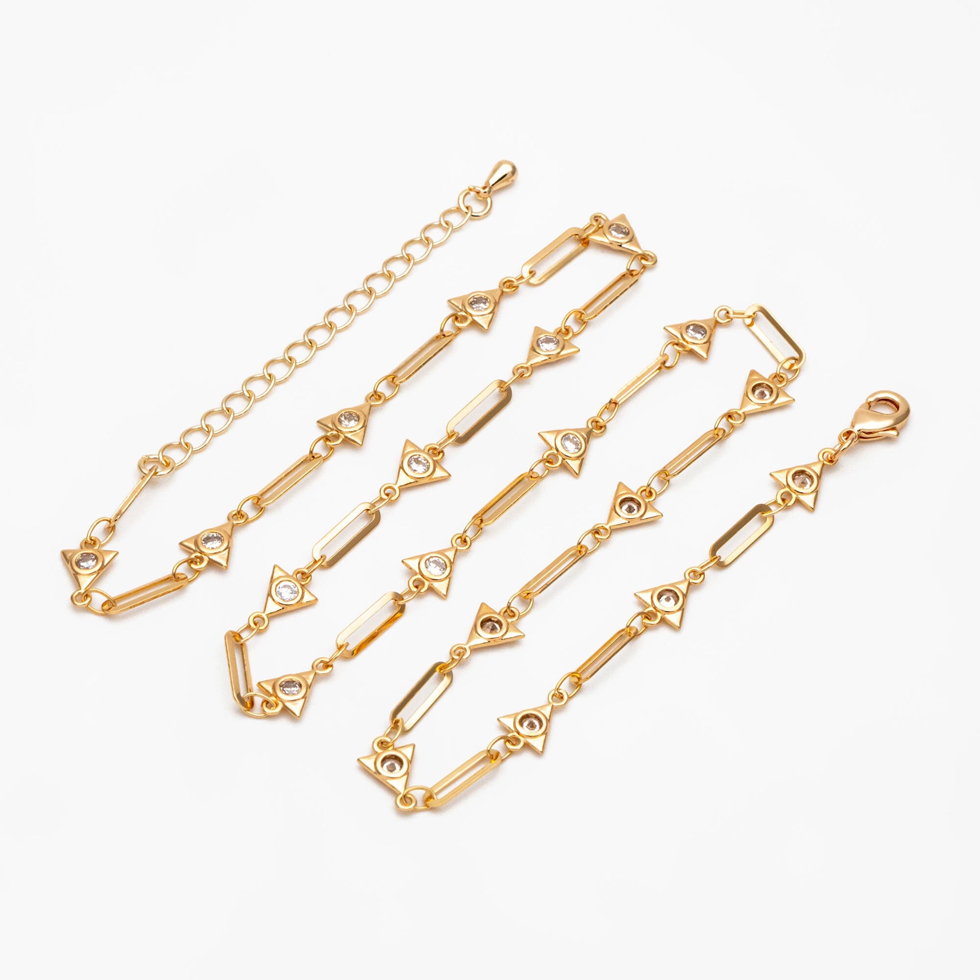 Gold CZ Pave Triangle Connector With Oval Hoop Chain, Adjustable Bracelet/ Anklet/ Necklace with Extender, Ready to Wear (#LK-589)
