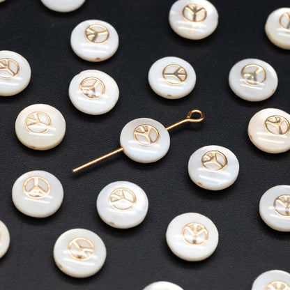 10pcs Natural Shell Peace Sign Beads, Peace Symbol Spacer 8mm, Gold Coin Beads, Double Sided (V1409)
