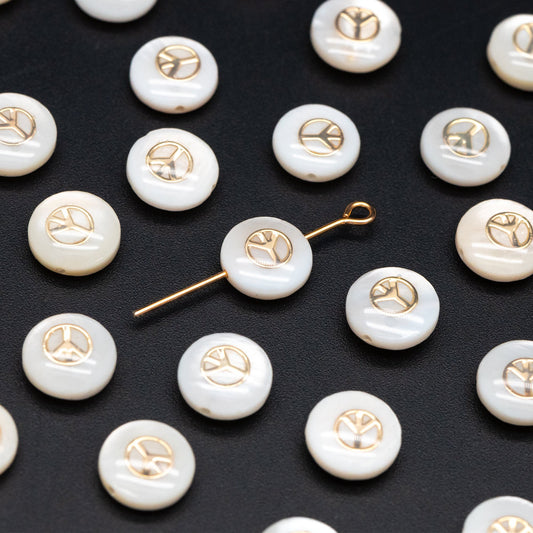 10pcs Natural Shell Peace Sign Beads, Peace Symbol Spacer 8mm, Gold Coin Beads, Double Sided (V1409)