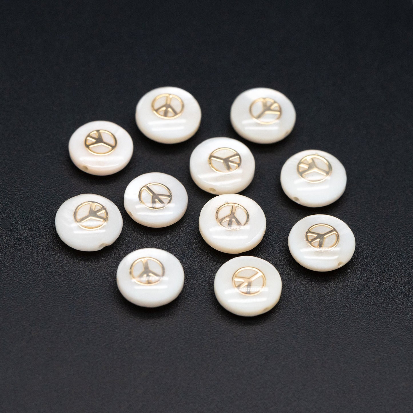10pcs Natural Shell Peace Sign Beads, Peace Symbol Spacer 8mm, Gold Coin Beads, Double Sided (V1409)