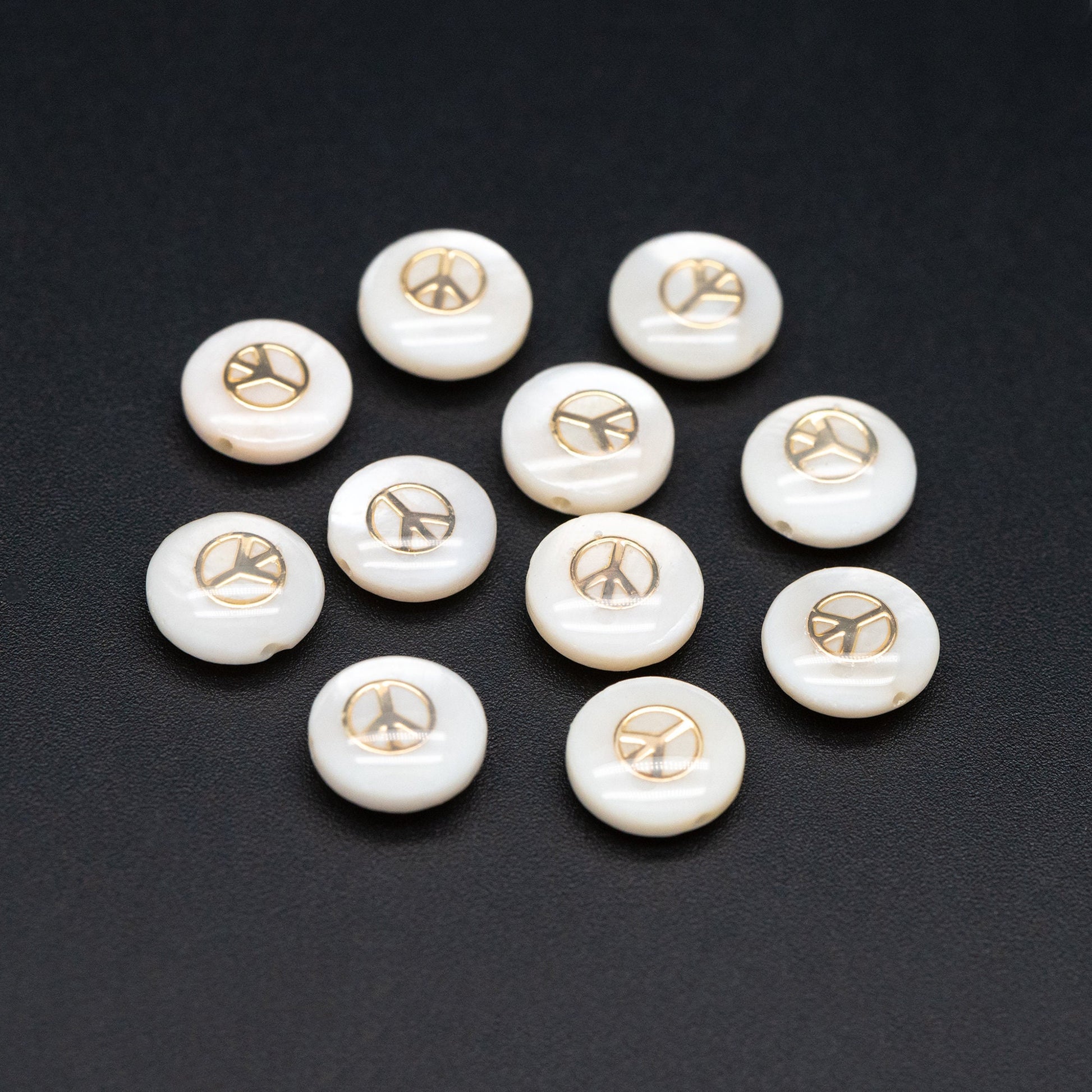 10pcs Natural Shell Peace Sign Beads, Peace Symbol Spacer 8mm, Gold Coin Beads, Double Sided (V1409)