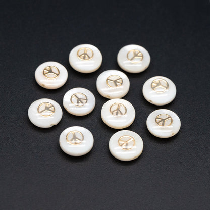 10pcs Natural Shell Peace Sign Beads, Peace Symbol Spacer 8mm, Gold Coin Beads, Double Sided (V1409)