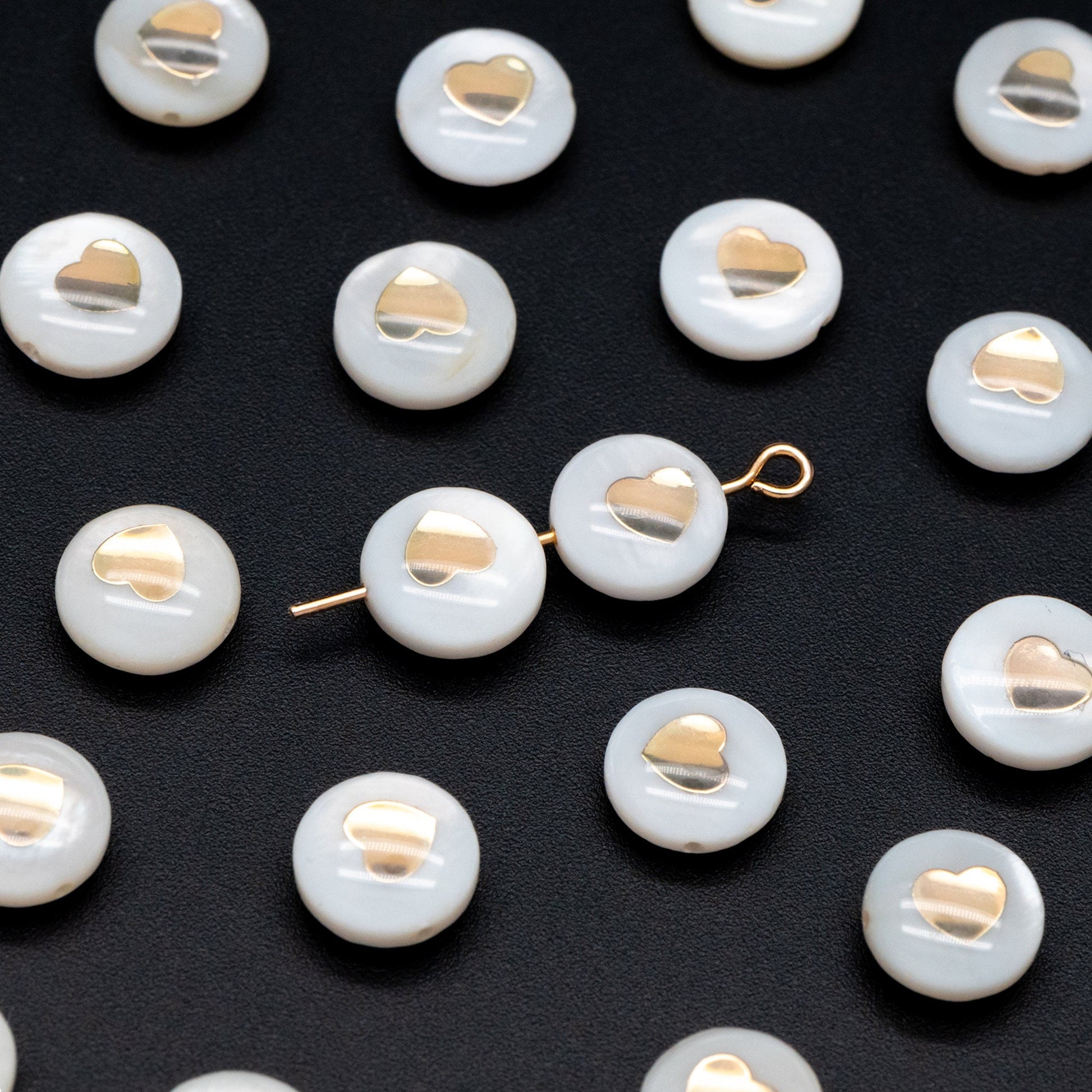 10pcs Natural Shell with Gold Heart Beads- 8mm Coin Spacer Beads- Double Sided (V1410)