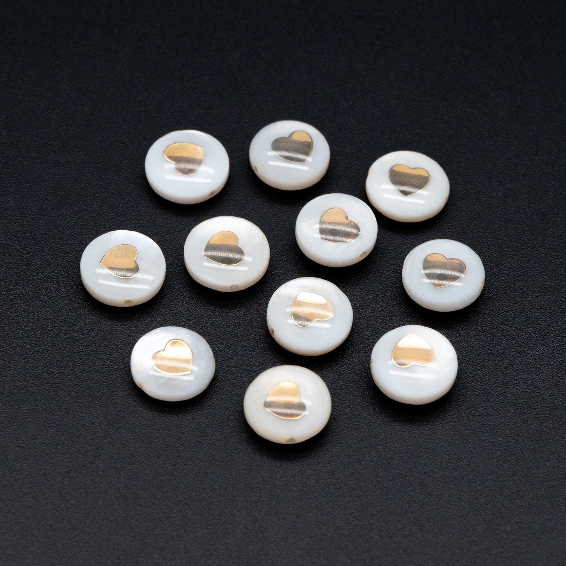 10pcs Natural Shell with Gold Heart Beads- 8mm Coin Spacer Beads- Double Sided (V1410)