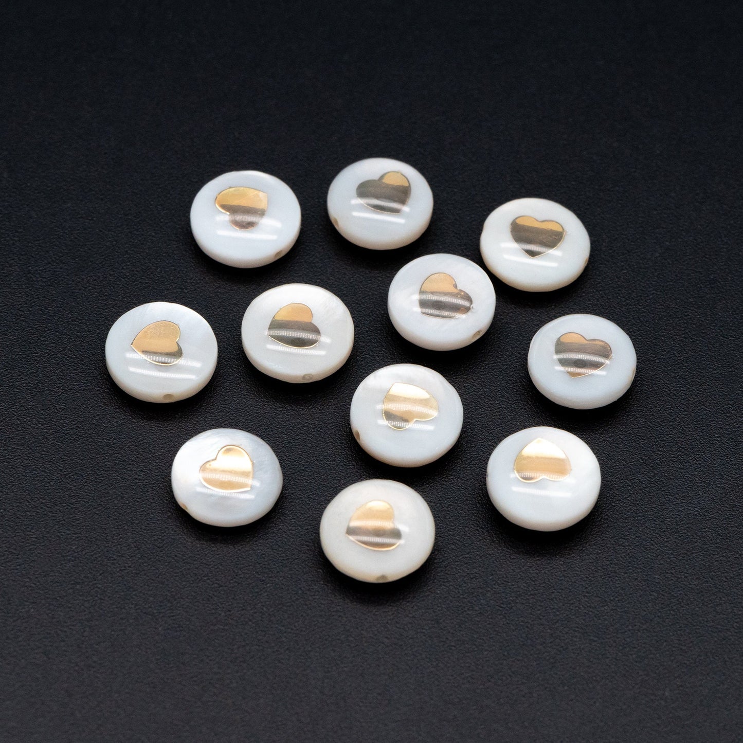 10pcs Natural Shell with Gold Heart Beads- 8mm Coin Spacer Beads- Double Sided (V1410)