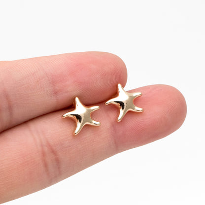 10pcs Gold Starfish Ear Post, Real Gold Plated Brass Star Stud Earrings (#GB-3718)