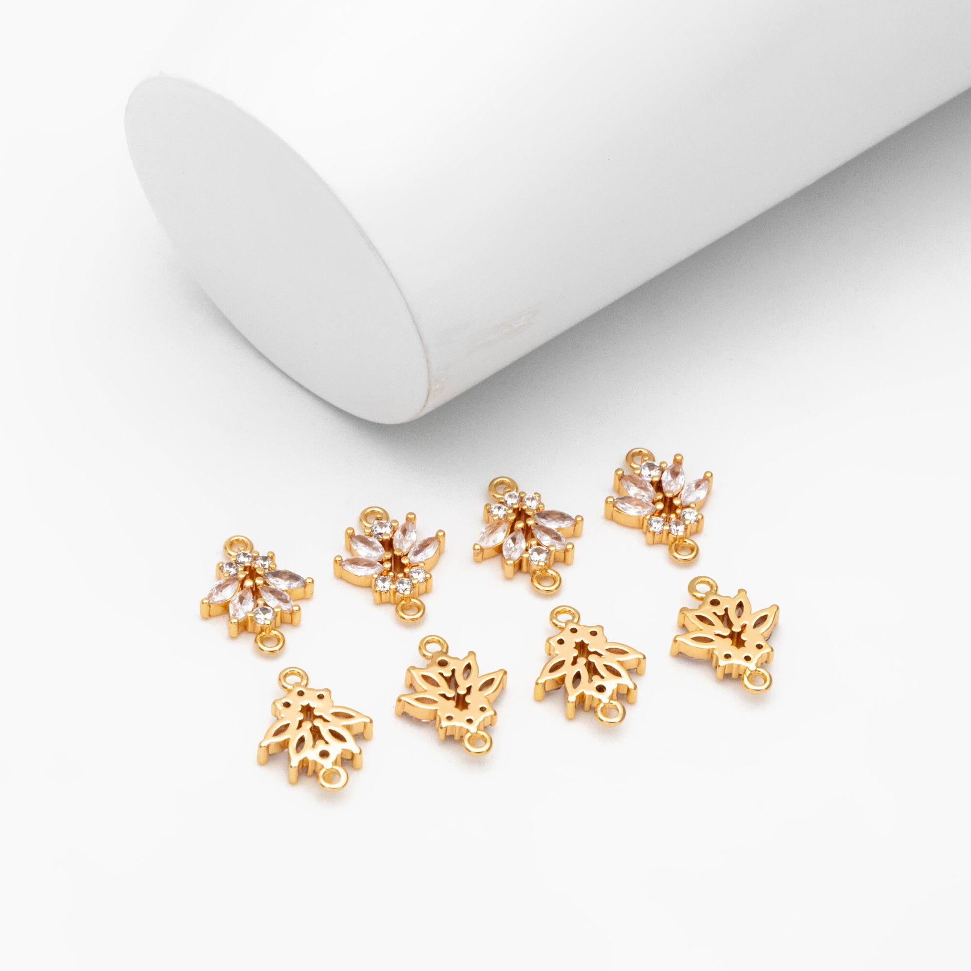 10pcs CZ Pave Gold Flower Charm Connectors 14mm, 18K Gold plated Brass Earring Connectors (GB-3670-E)