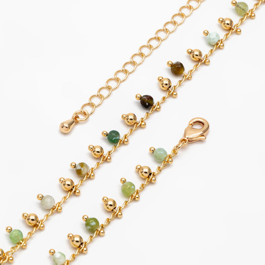 Beaded Bracelet/ Anklet/ Necklace with Extender, Green Gemstone Bead Chain, 18K Gold plated Brass, Adjustable Ready to Wear (#LK-456)