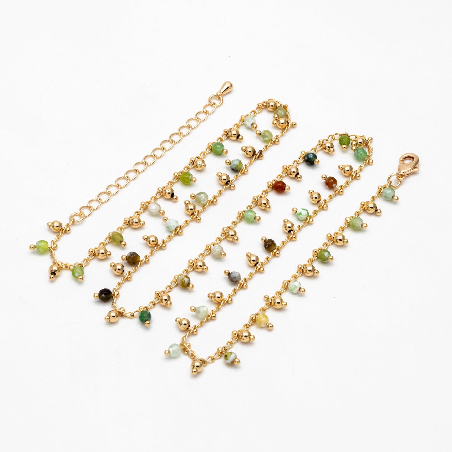 Beaded Bracelet/ Anklet/ Necklace with Extender, Green Gemstone Bead Chain, 18K Gold plated Brass, Adjustable Ready to Wear (#LK-456)