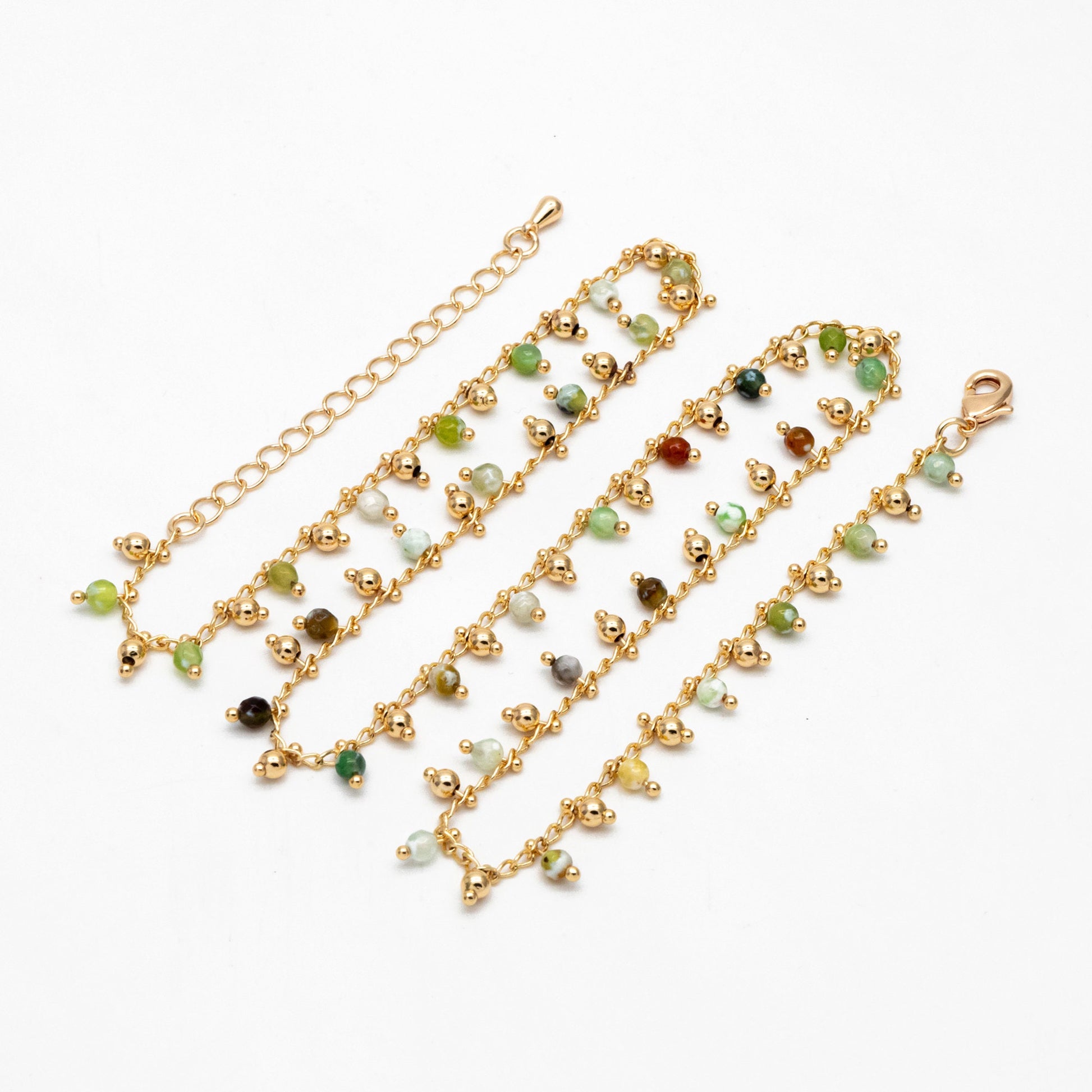 Beaded Bracelet/ Anklet/ Necklace with Extender, Green Gemstone Bead Chain, 18K Gold plated Brass, Adjustable Ready to Wear (#LK-456)