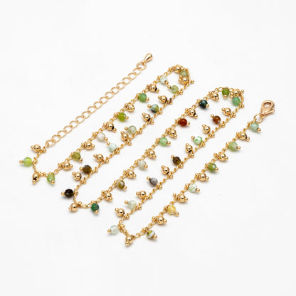 Beaded Bracelet/ Anklet/ Necklace with Extender, Green Gemstone Bead Chain, 18K Gold plated Brass, Adjustable Ready to Wear (#LK-456)