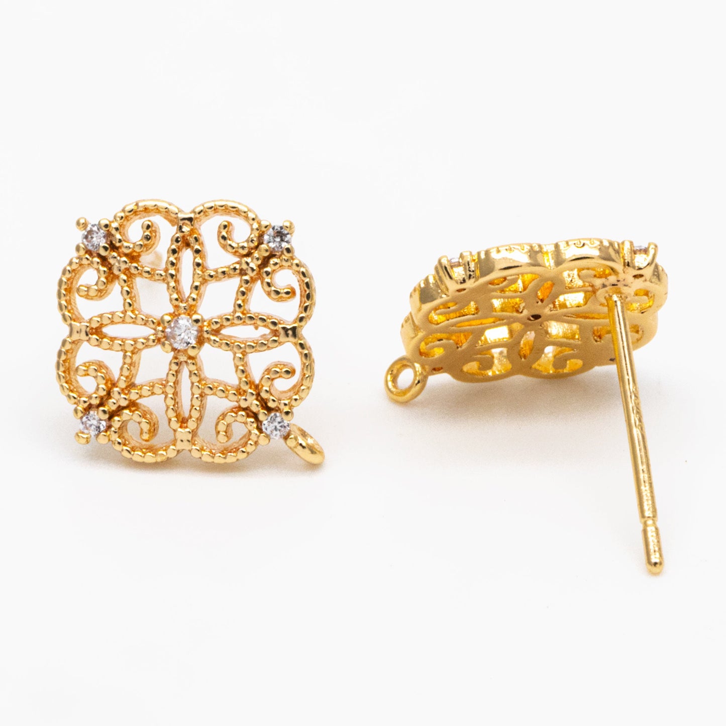 10pcs Emerald CZ Pave Filigree Flower Earring with Loop, 12mm, Real Gold Plated Brass Stud Earrings with Loop (#GB-384)