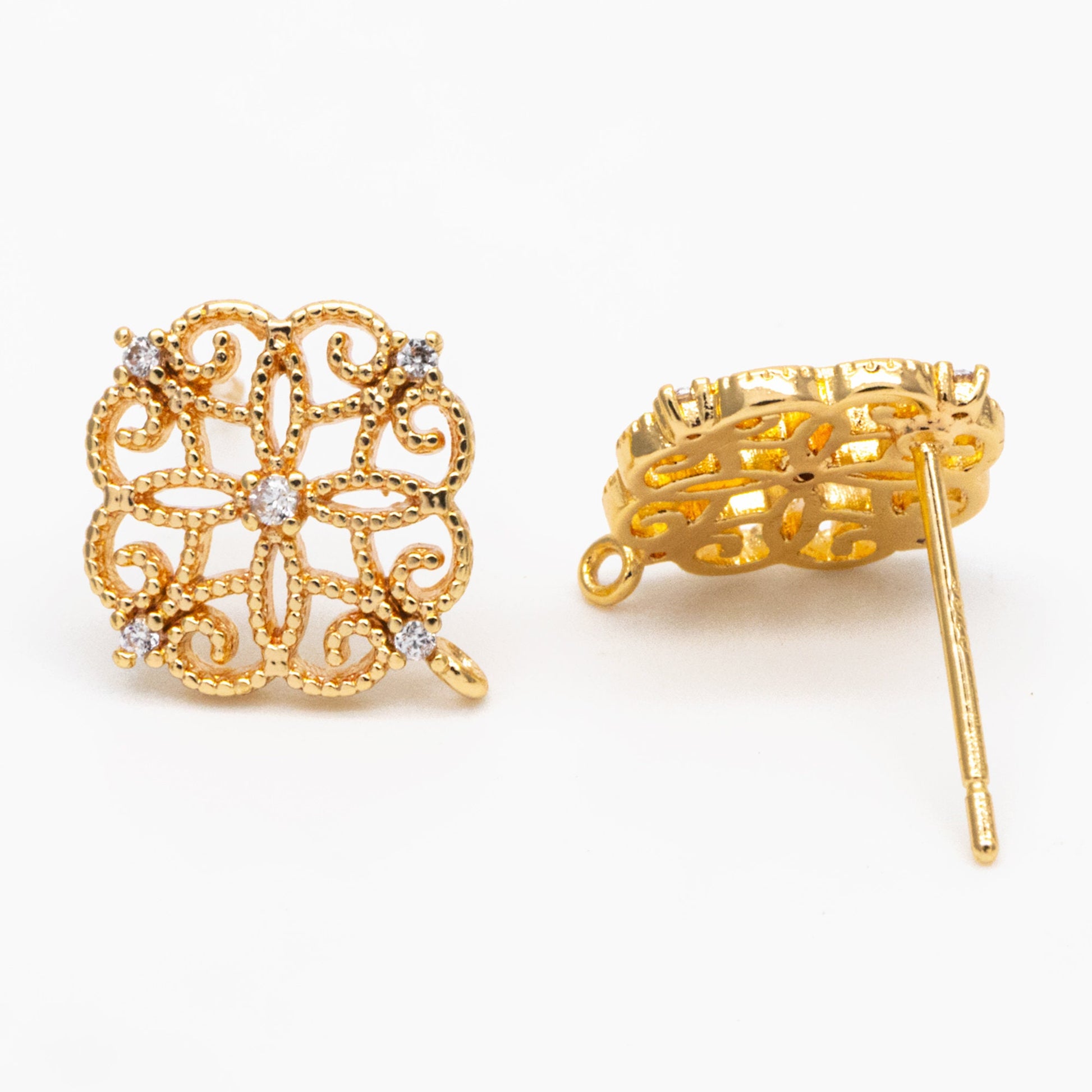 10pcs Emerald CZ Pave Filigree Flower Earring with Loop, 12mm, Real Gold Plated Brass Stud Earrings with Loop (#GB-384)