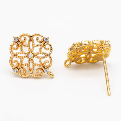 10pcs Emerald CZ Pave Filigree Flower Earring with Loop, 12mm, Real Gold Plated Brass Stud Earrings with Loop (#GB-384)