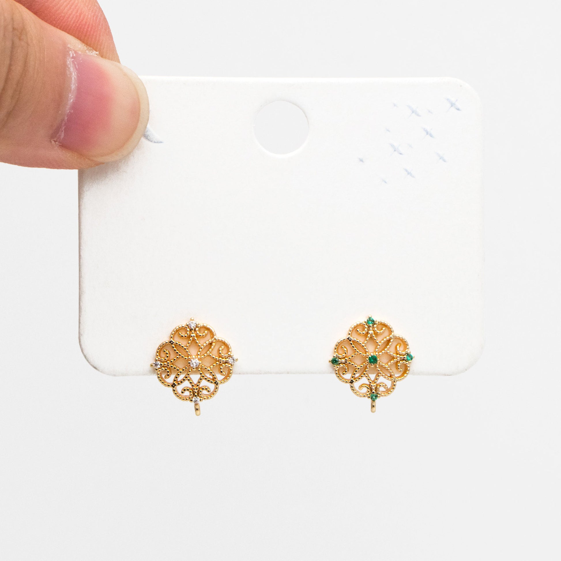 10pcs Emerald CZ Pave Filigree Flower Earring with Loop, 12mm, Real Gold Plated Brass Stud Earrings with Loop (#GB-384)