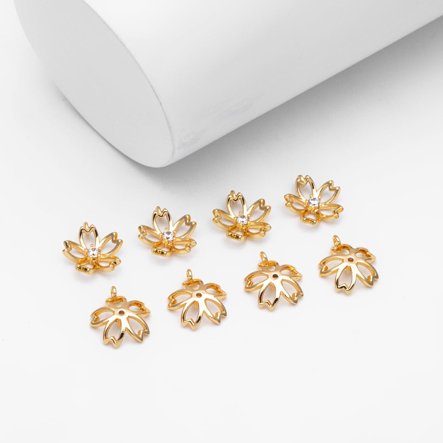 4pcs Gold CZ Flower Charms, 18K Gold plated Brass, Tiny Floral Pendants (GB-321-G)