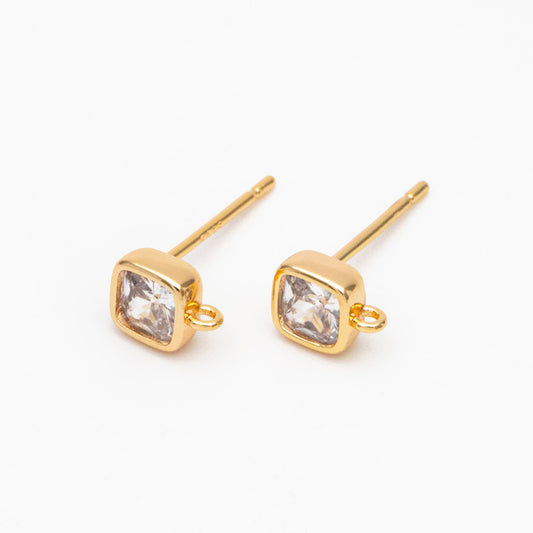 10pcs CZ Pave Square/ Round Ear Posts with Loop, Gold Plated Brass Geometric Stud Earrings (#GB-3681)