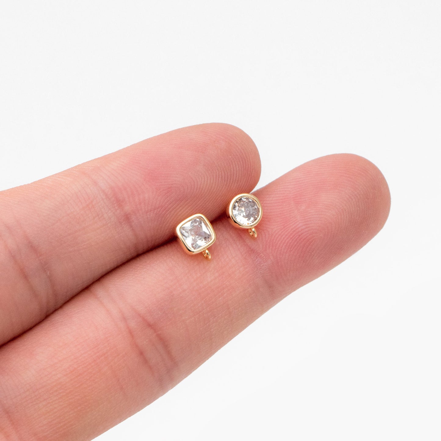 10pcs CZ Pave Square/ Round Ear Posts with Loop, Gold Plated Brass Geometric Stud Earrings (#GB-3681)